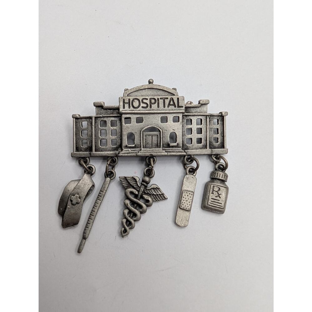 Vintage JJ Jonette Jewelry Pewter Hospital Brooch Pin Nurse Doctor Medical Theme